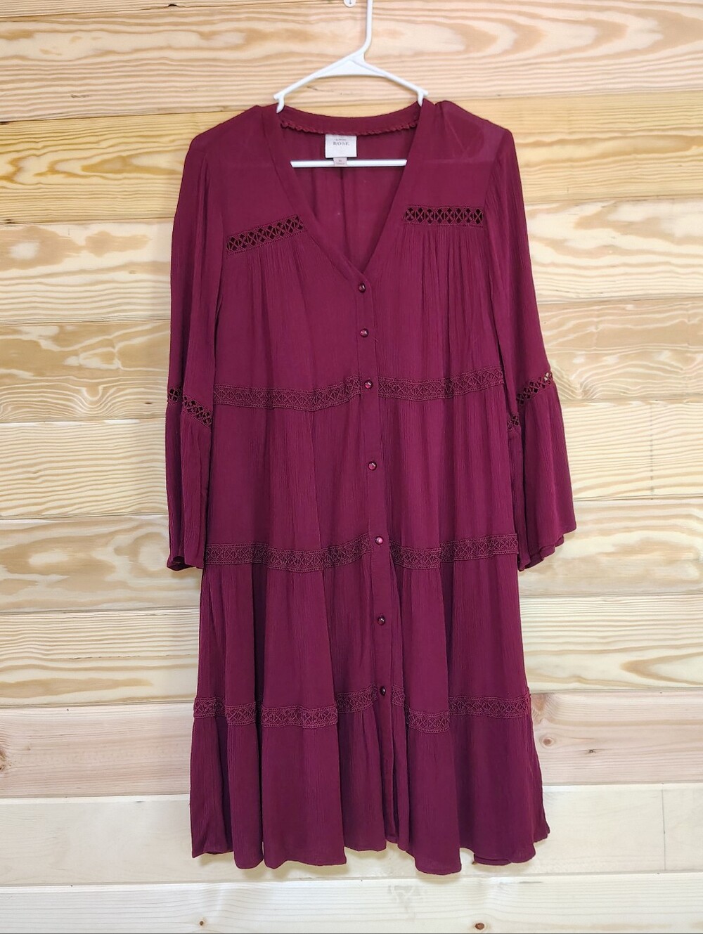 Knox Rose Burgundy Boho Tiered Midi Dress Bell Sleeve Lace Trim Medium Western